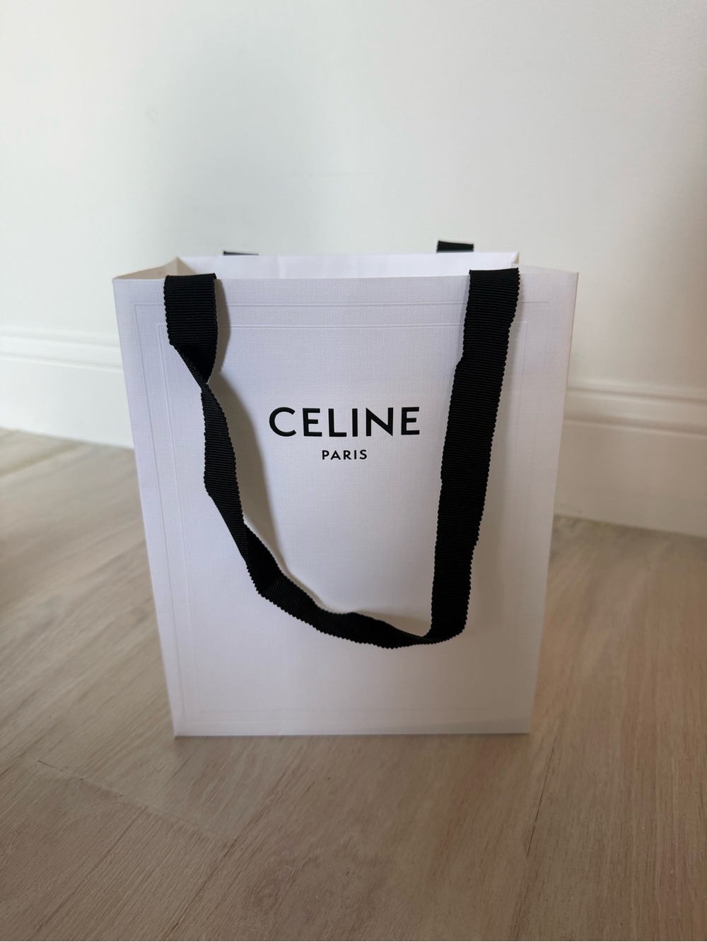 Celine Medium White Shopping Bag with Black Ribbon Handles